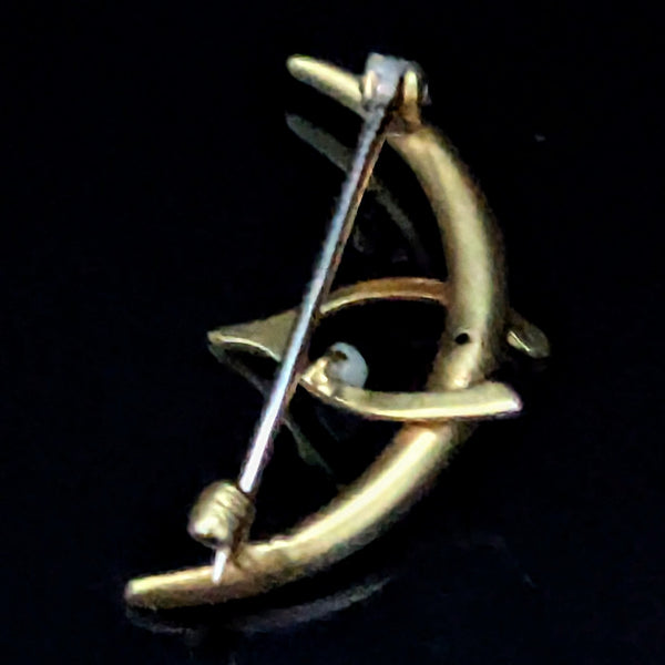 Antique Crescent Moon Wishbone Pearl 10k Yellow Gold Brooch Pin Art Nouveau Gift 