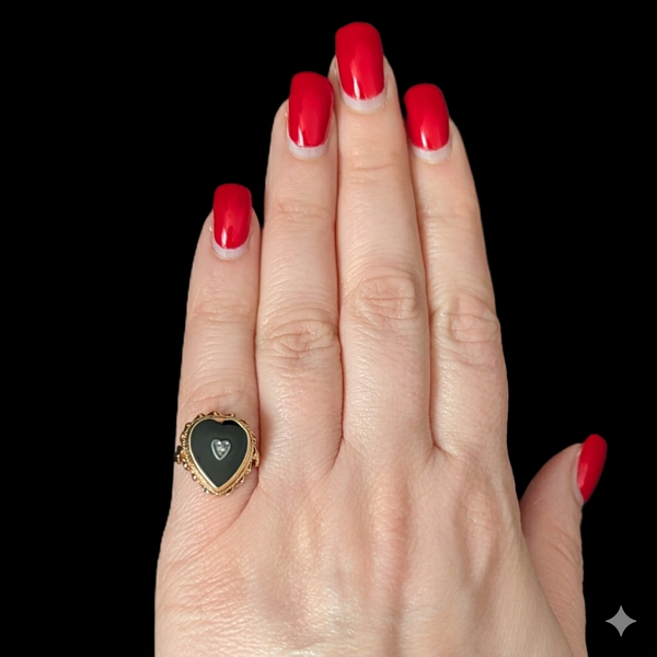 Boulder - Victorian Diamond Onyx 10k Yellow Gold Heart Ring