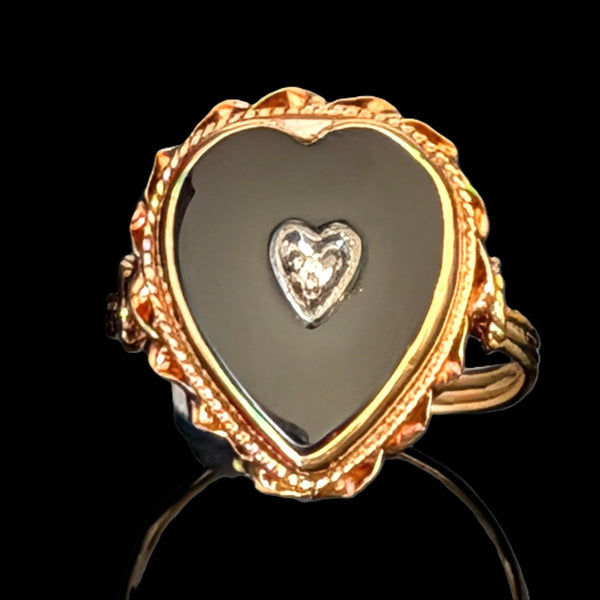 Boulder - Victorian Diamond Onyx 10k Yellow Gold Heart Ring