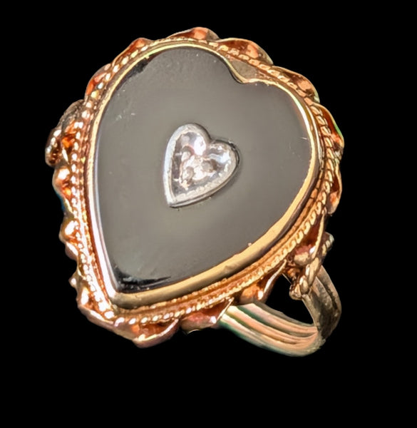Boulder - Victorian Diamond Onyx 10k Yellow Gold Heart Ring