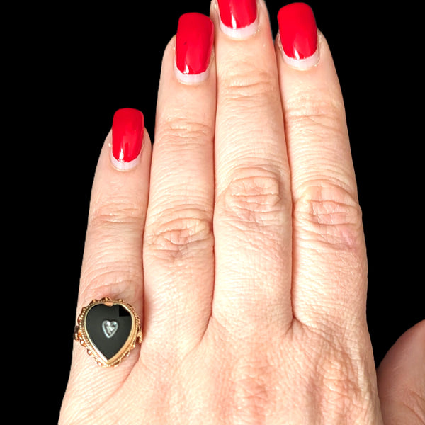 Boulder - Victorian Diamond Onyx 10k Yellow Gold Heart Ring