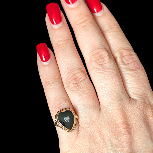 Boulder - Victorian Diamond Onyx 10k Yellow Gold Heart Ring
