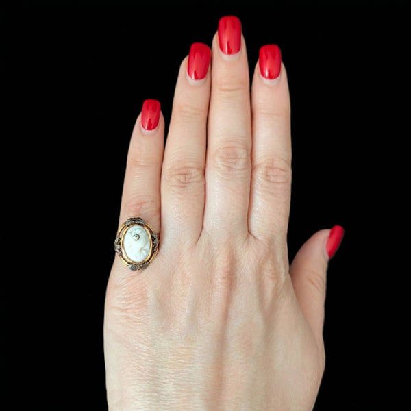 Antique Diamond Cameo Ring 10k Yellow Gold Carved Lady Portrait Estate Gift 