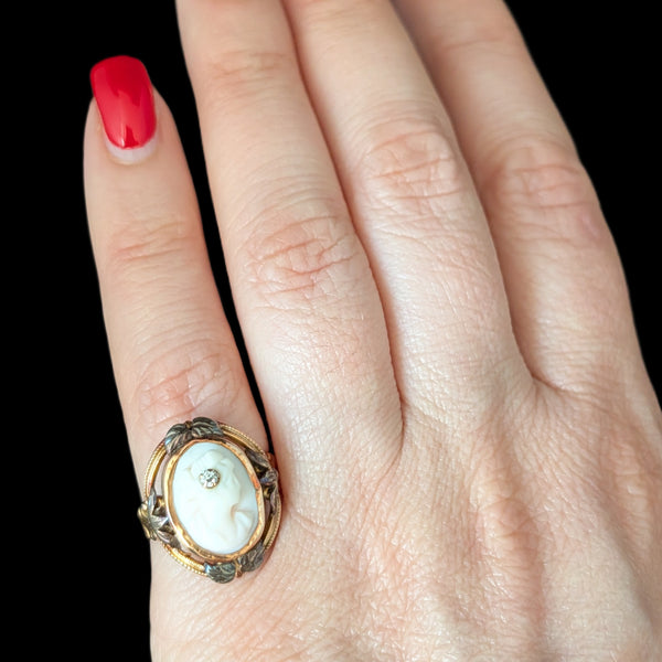 Antique Diamond Cameo Ring 10k Yellow Gold Carved Lady Portrait Estate Gift 