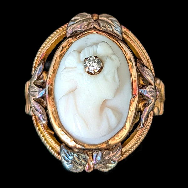 Antique Diamond Cameo Ring 10k Yellow Gold Carved Lady Portrait Estate Gift 
