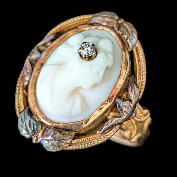 Antique Diamond Cameo Ring 10k Yellow Gold Carved Lady Portrait Estate Gift 