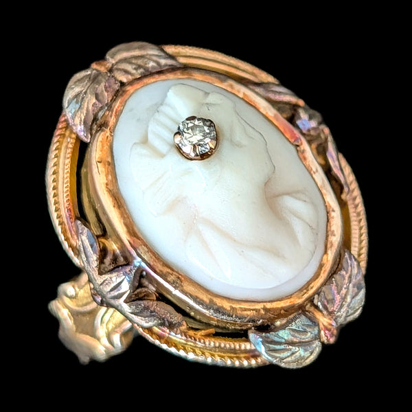 Antique Diamond Cameo Ring 10k Yellow Gold Carved Lady Portrait Estate Gift 