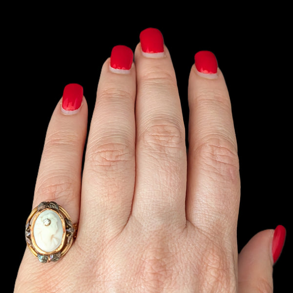 Antique Diamond Cameo Ring 10k Yellow Gold Carved Lady Portrait Estate Gift 