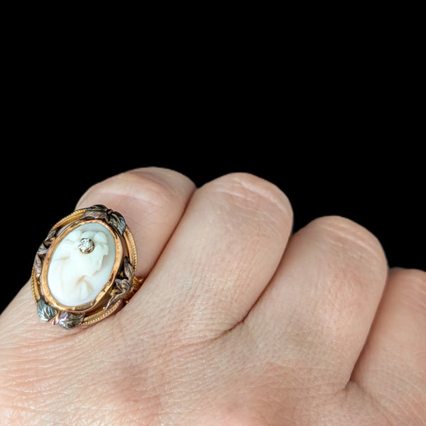 Antique Diamond Cameo Ring 10k Yellow Gold Carved Lady Portrait Estate Gift 