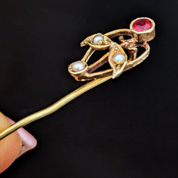Antique Gemstone Pearls 14k Yellow Gold Floral Stick Pin Lapel Art Nouveau Gift
