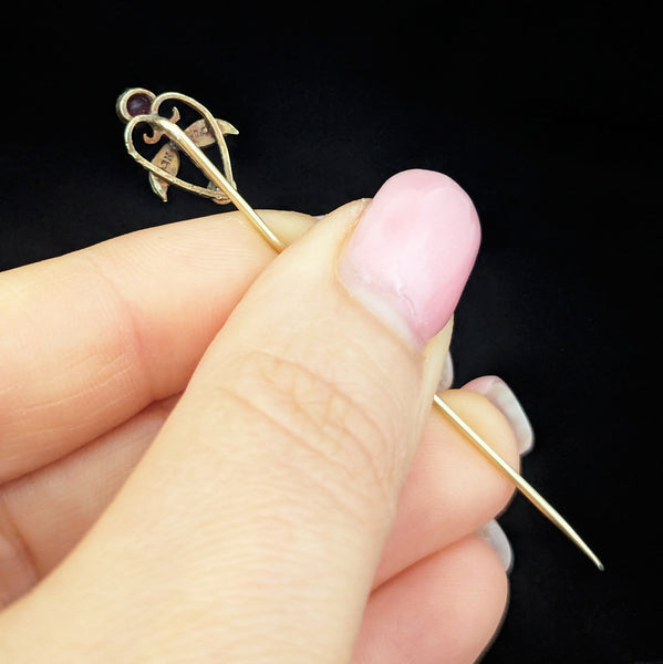 Antique Gemstone Pearls 14k Yellow Gold Floral Stick Pin Lapel Art Nouveau Gift