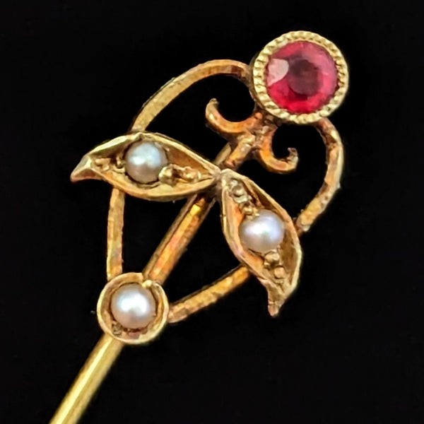 Antique Gemstone Pearls 14k Yellow Gold Floral Stick Pin Lapel Art Nouveau Gift