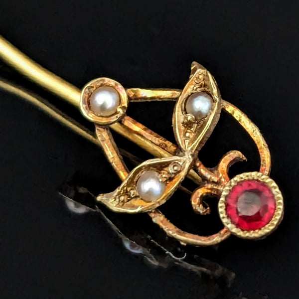 Antique Gemstone Pearls 14k Yellow Gold Floral Stick Pin Lapel Art Nouveau Gift