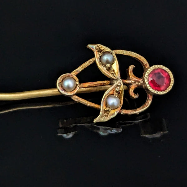 Antique Gemstone Pearls 14k Yellow Gold Floral Stick Pin Lapel Art Nouveau Gift