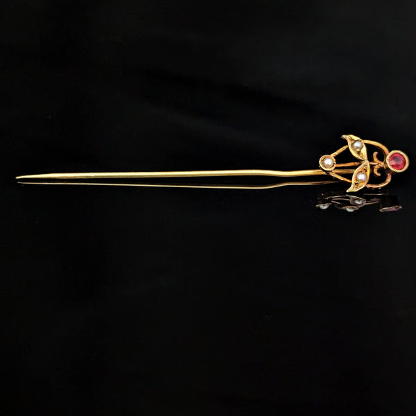 Antique Gemstone Pearls 14k Yellow Gold Floral Stick Pin Lapel Art Nouveau Gift