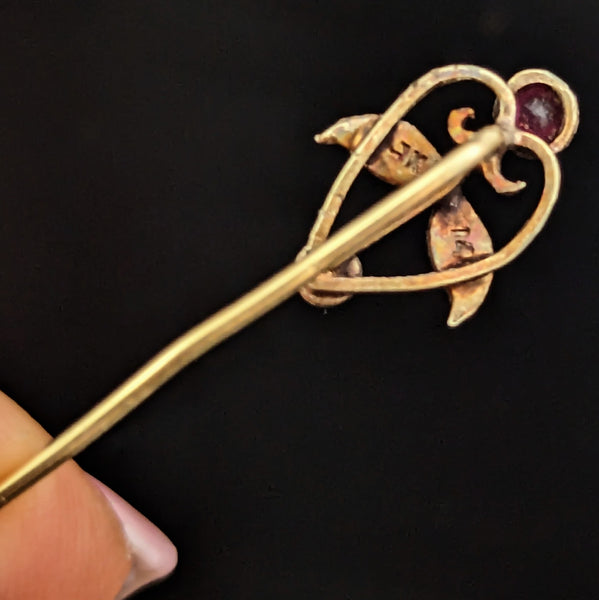 Antique Gemstone Pearls 14k Yellow Gold Floral Stick Pin Lapel Art Nouveau Gift