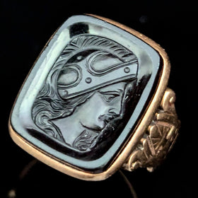 Antique Intaglio Ring Carved Onyx 10k Yellow Gold Roman Soldier Victorian Estate 