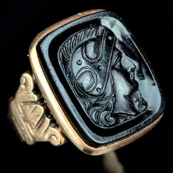 Antique Intaglio Ring Carved Onyx 10k Yellow Gold Roman Soldier Victorian Estate 