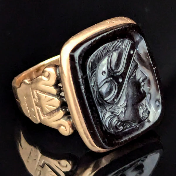 Antique Intaglio Ring Carved Onyx 10k Yellow Gold Roman Soldier Victorian Estate 