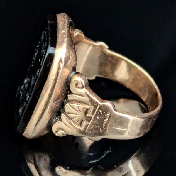 Antique Intaglio Ring Carved Onyx 10k Yellow Gold Roman Soldier Victorian Estate 