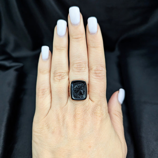 Antique Intaglio Ring Carved Onyx 10k Yellow Gold Roman Soldier Victorian Estate 