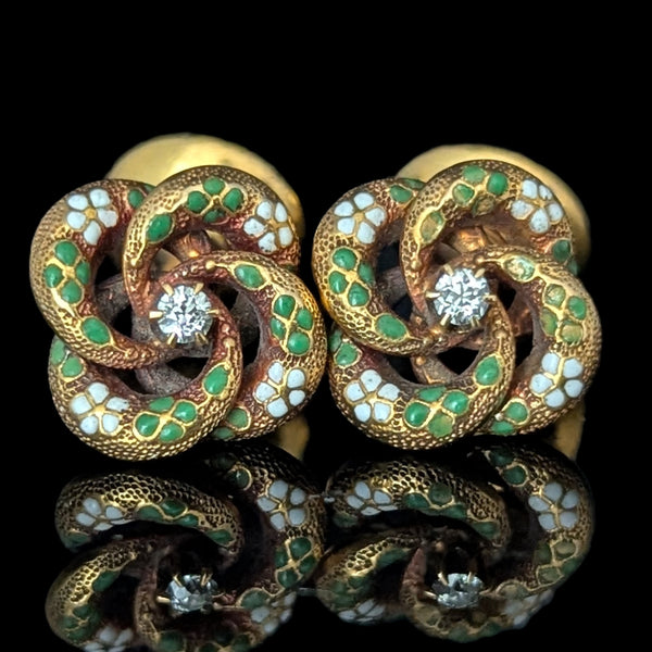 Antique KREMENTZ Old European Cut Diamonds 14k Yellow Gold Cufflinks Enamel Knot 