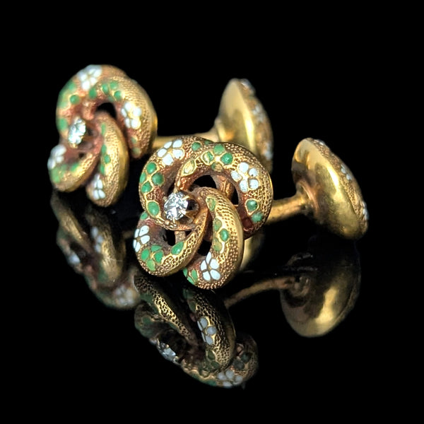 Antique KREMENTZ Old European Cut Diamonds 14k Yellow Gold Cufflinks Enamel Knot 