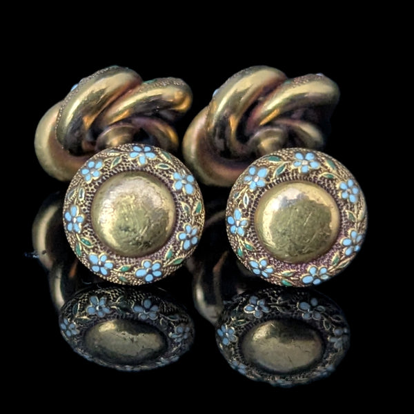 Antique KREMENTZ Old European Cut Diamonds 14k Yellow Gold Cufflinks Enamel Knot 