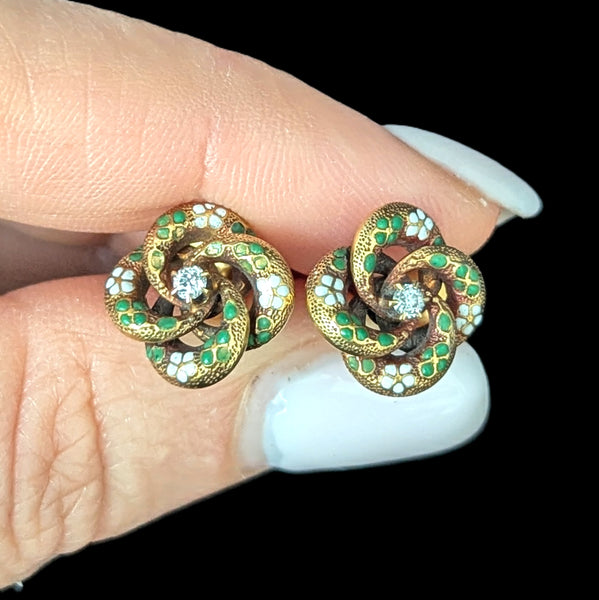 Antique KREMENTZ Old European Cut Diamonds 14k Yellow Gold Cufflinks Enamel Knot 