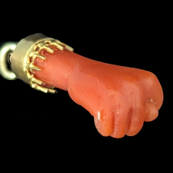 Antique Mano Fico Pendant Coral 18k Yellow Gold Figa Hand Pendant & Chain Estate