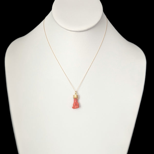 Antique Mano Fico Pendant Coral 18k Yellow Gold Figa Hand Pendant & Chain Estate
