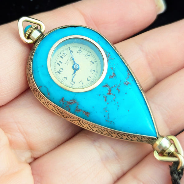 Riga - Antique Novalis Geneve Pendant Fob Watch 10k Gold Peking Glass Art Deco