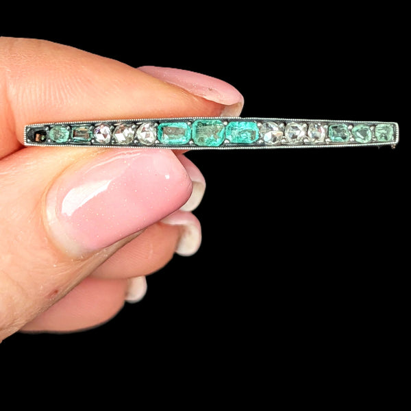 Antique Old Cut Emeralds Diamonds Gold Silvertop Brooch Edwardian Early 1900s 