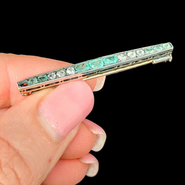 Antique Old Cut Emeralds Diamonds Gold Silvertop Brooch Edwardian Early 1900s 