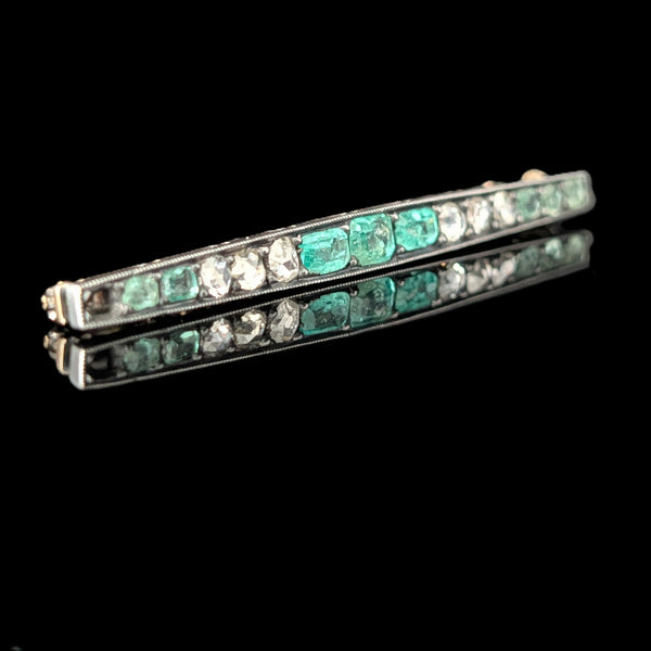 Antique Old Cut Emeralds Diamonds Gold Silvertop Brooch Edwardian Early 1900s 