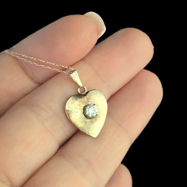 Fairfax - Antique Old European Cut Diamond 10k Yellow Gold Heart Pendant on Chain