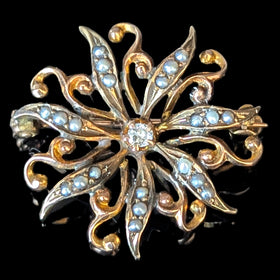 Vintage Diamond Seed Pearl 10k Yellow Gold Pinwheel Brooch Estate
