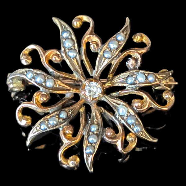 Vintage Diamond Seed Pearl 10k Yellow Gold Pinwheel Brooch Estate