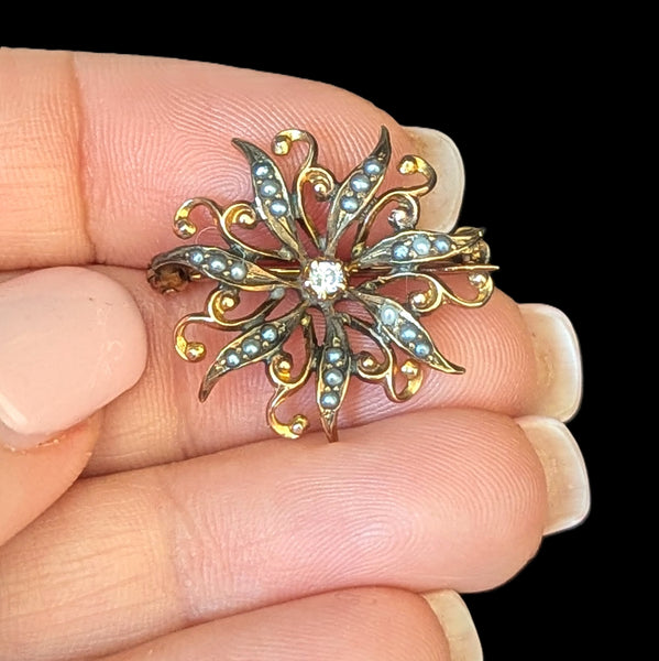 Vintage Diamond Seed Pearl 10k Yellow Gold Pinwheel Brooch Estate
