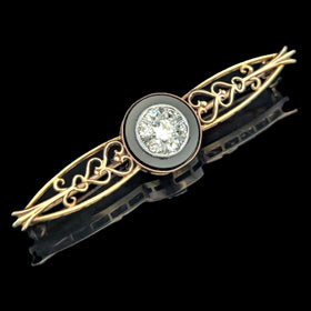 Antique Old European Cut Diamonds Cluster Onyx Yellow Gold Brooch Pin Estate