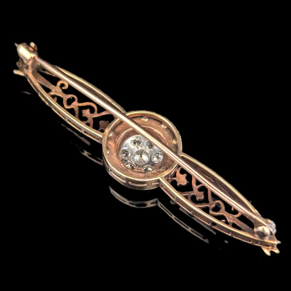Antique Old European Cut Diamonds Cluster Onyx Yellow Gold Brooch Pin Estate