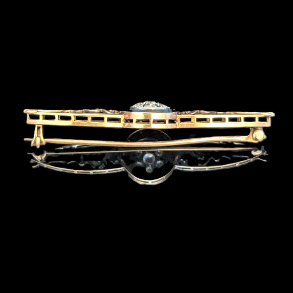 Antique Old European Cut Diamonds Cluster Onyx Yellow Gold Brooch Pin Estate