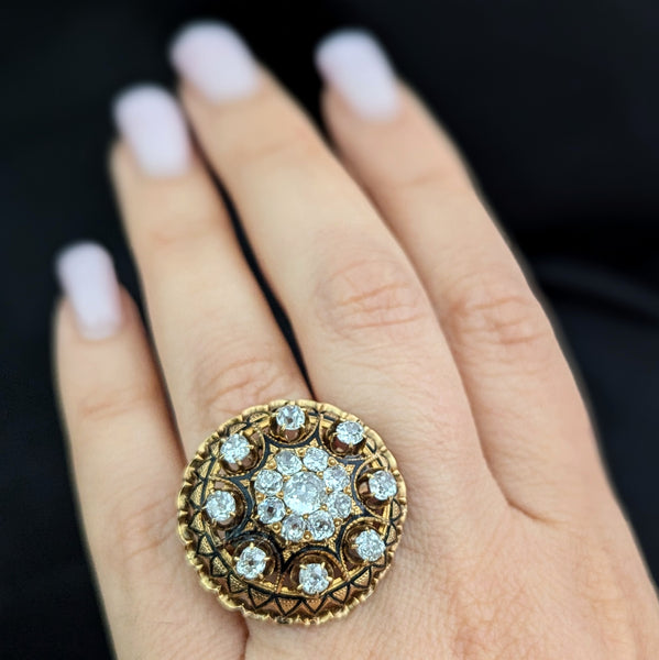 The Medina - Antique Old Mine Cut Diamonds Enamel 14k Gold Cocktail Cluster Ring
