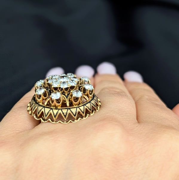 Antique Old Mine Cut Diamonds 14k Yellow Gold Tracery Enamel Cocktail Ring 