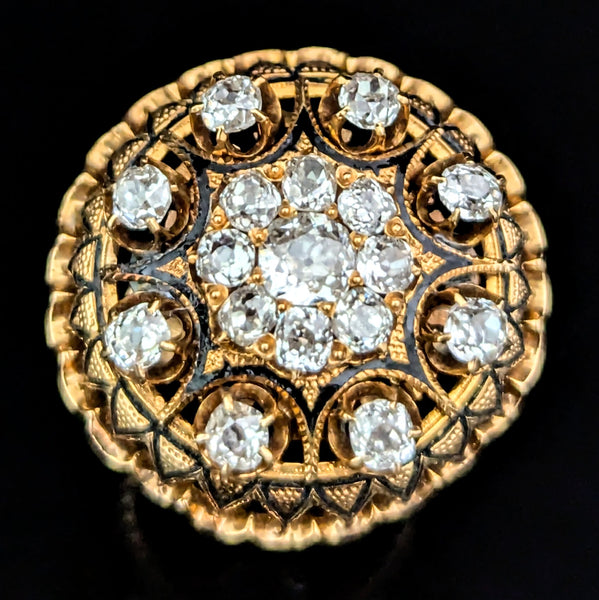 Antique Old Mine Cut Diamonds 14k Yellow Gold Tracery Enamel Cocktail Ring 