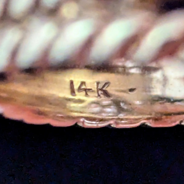 Antique Old Mine Cut Diamonds 14k Yellow Gold Tracery Enamel Cocktail Ring 