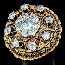 Antique Old Mine Cut Diamonds 14k Yellow Gold Tracery Enamel Cocktail Ring 