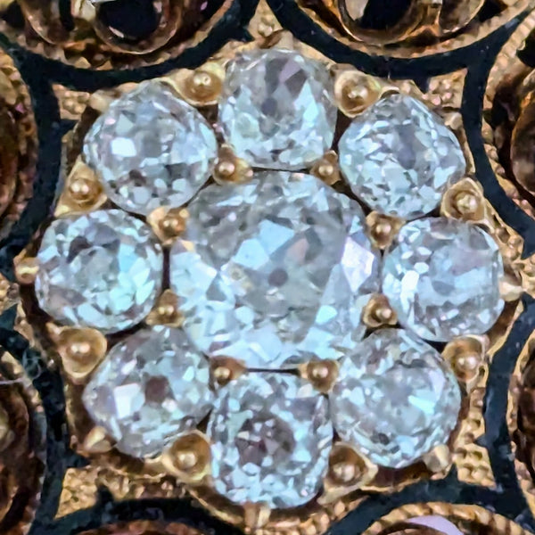 Antique Old Mine Cut Diamonds 14k Yellow Gold Tracery Enamel Cocktail Ring 