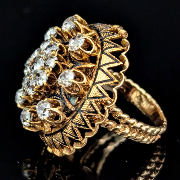 Antique Old Mine Cut Diamonds 14k Yellow Gold Tracery Enamel Cocktail Ring 