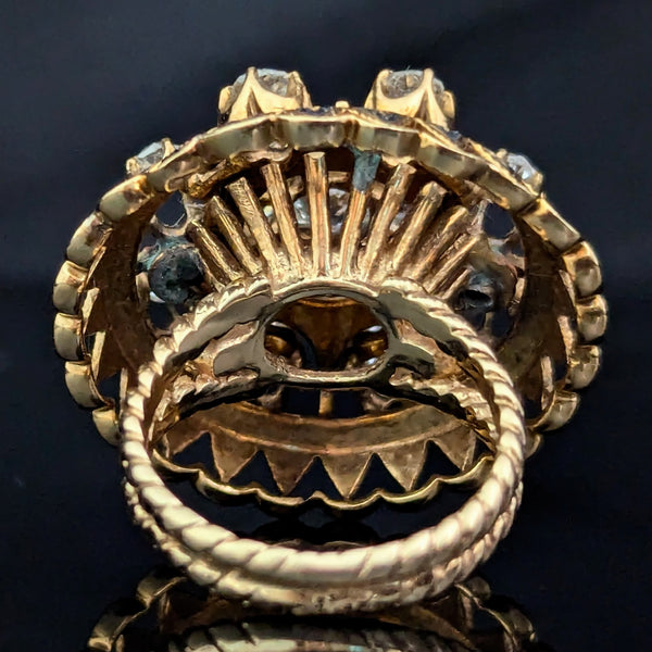 Antique Old Mine Cut Diamonds 14k Yellow Gold Tracery Enamel Cocktail Ring 